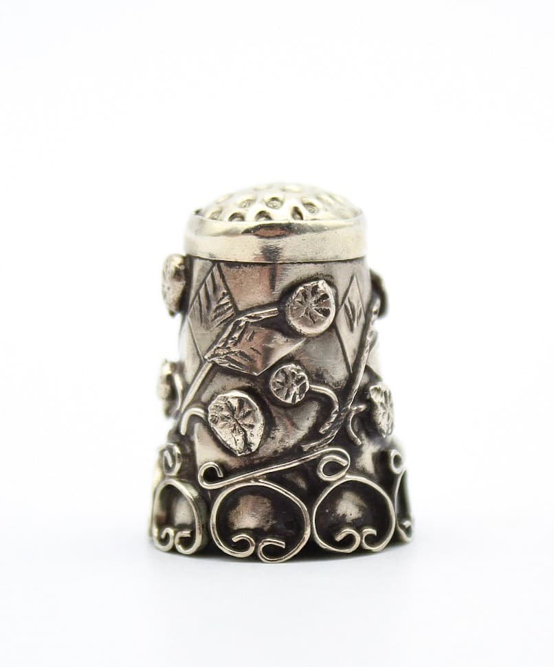 Vintage Alpaca Mexico Silver Hand-Wrought Leaves & Floral Motif Sewing Thimble - Thumbnail 9