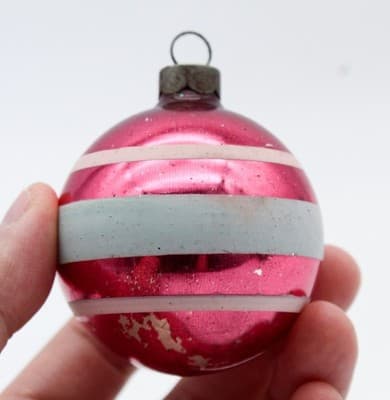 Shiny Brite Pink Stencil Light Blue Striped Glass Ball Christmas Ornament - Thumbnail 2