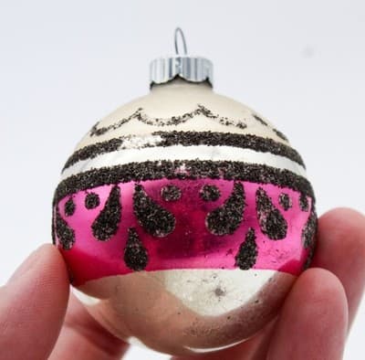Shiny Brite Vintage Black Mica Striped Pink Beige Glass Christmas Ornament - Thumbnail 2