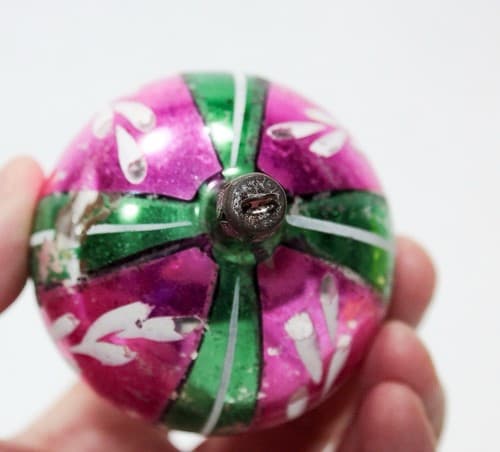 Vintage Made In Poland Stencil Green & Pink Glass Ball Christmas Ornament - Thumbnail 3