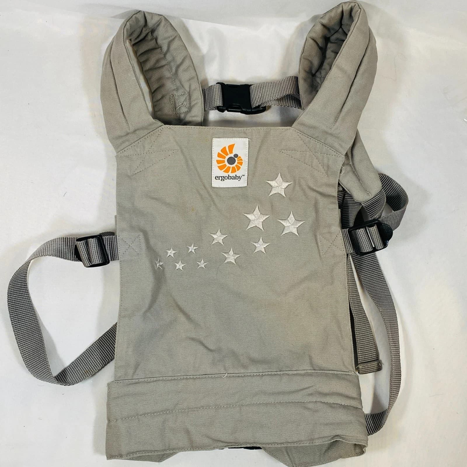 Ergobaby Baby Doll Carrier in Galaxy Gray w/ Stars Front/Back Carry - Image 1