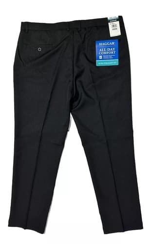 HAGGAR Dress Pants Mens 44X32 Black Flat Front Slim Straight Stretch No Wrinkle - Thumbnail 4