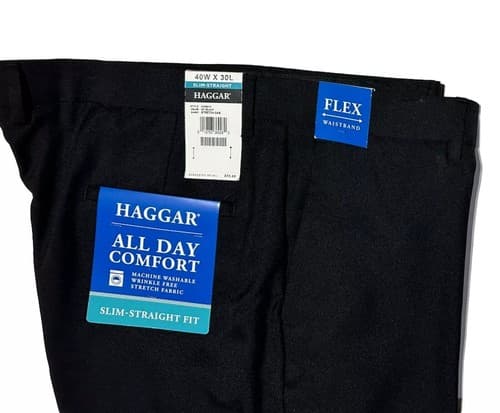 HAGGAR Dress Pants Mens 44X32 Black Flat Front Slim Straight Stretch No Wrinkle - Thumbnail 2