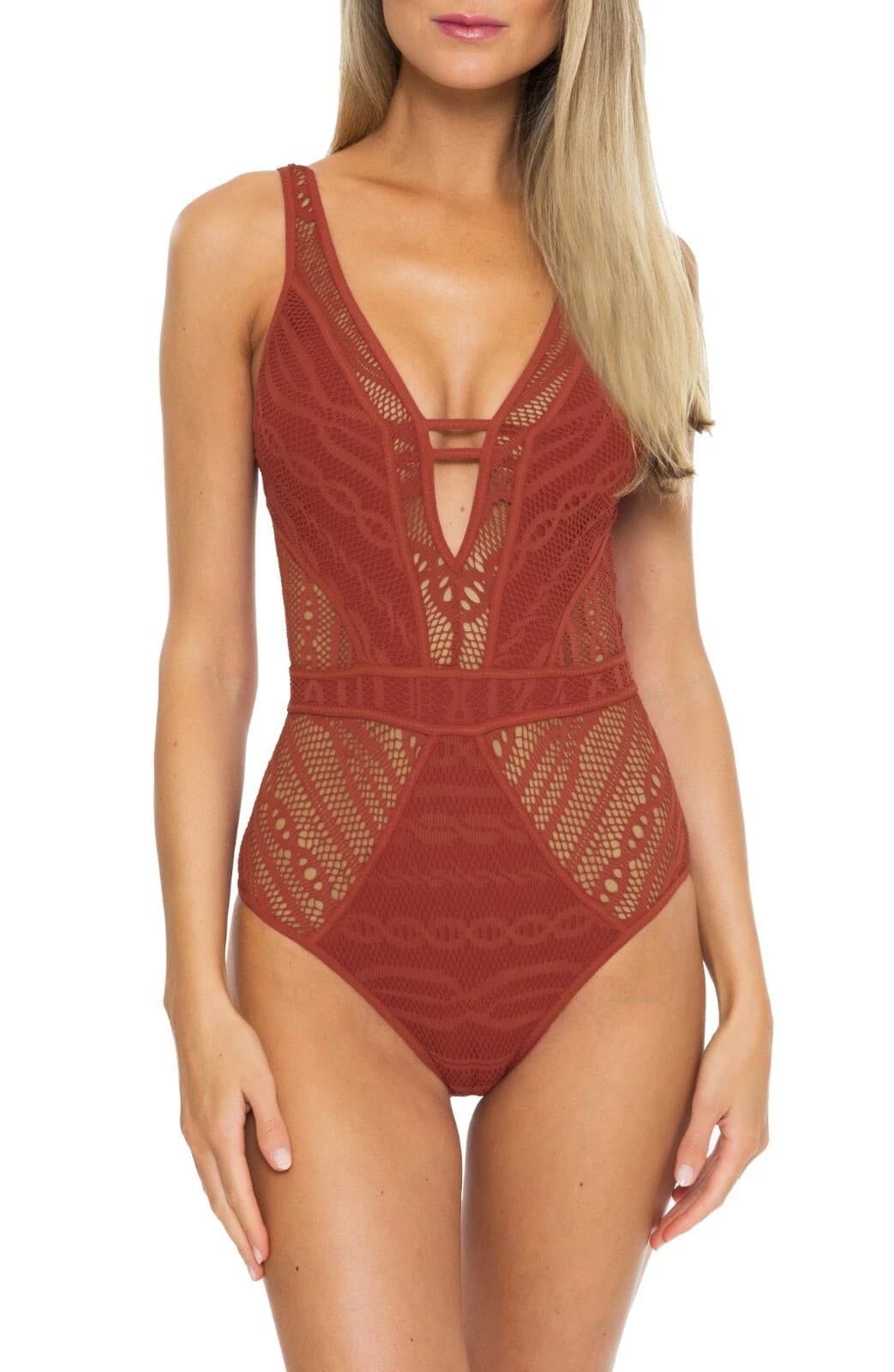 Becca Color Play Crochet One-Piece Swimsuit in Bronze EB2148 Womens Size S - Image 1