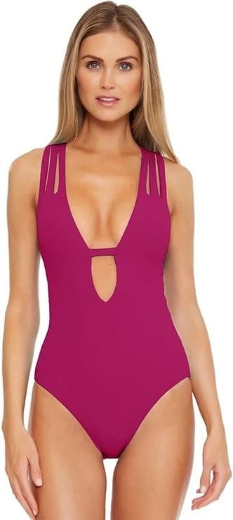 Becca by Rebecca Virtue Fine Line Rib Skylar Plunge One-Piece Pomegranate Sz M - Image 1