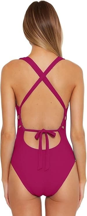 Becca by Rebecca Virtue Fine Line Rib Skylar Plunge One-Piece Pomegranate Sz M - Thumbnail 4