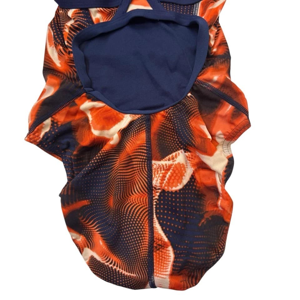 Speedo Endurance+ Flash Time Flyback Swimsuit Women 24 Orange Navy Swim Club NWT - Thumbnail 3