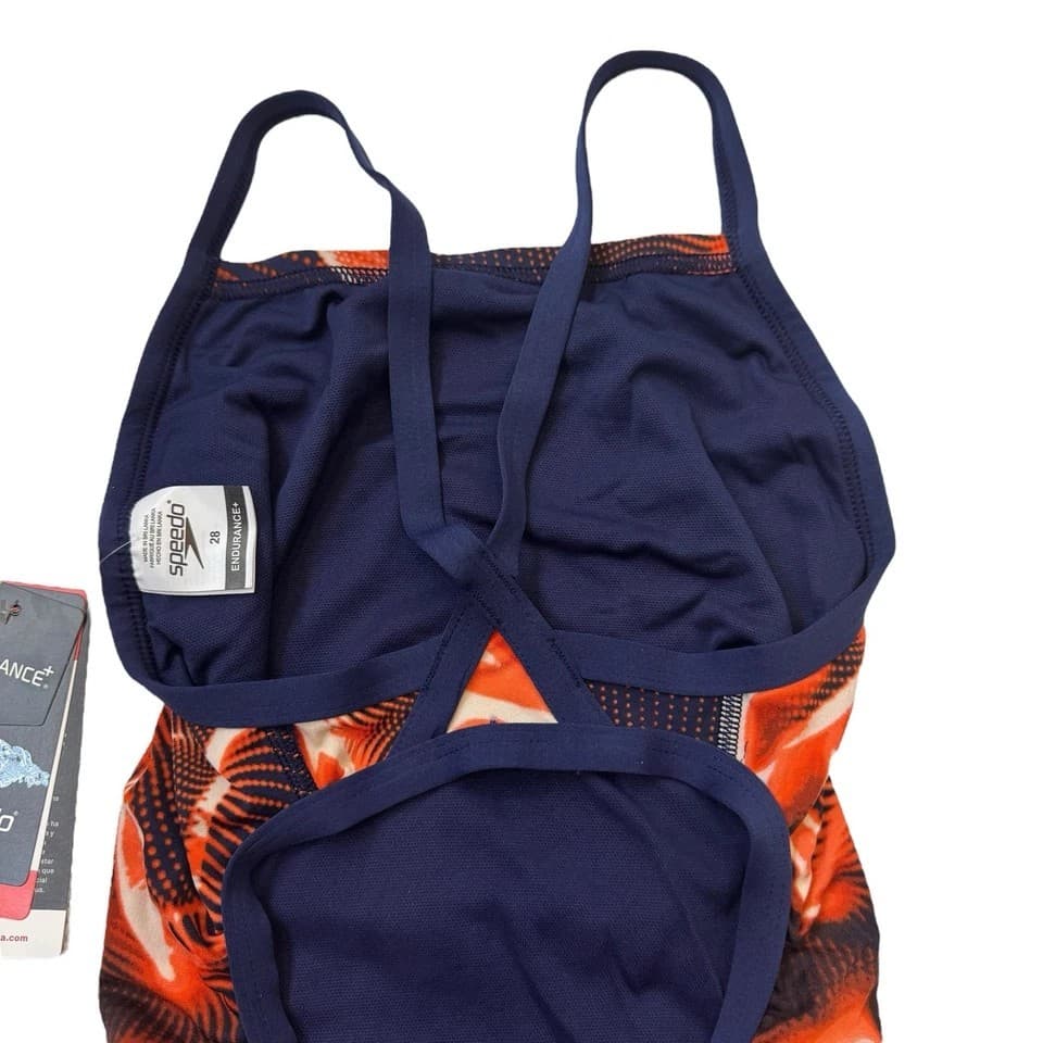 Speedo Endurance+ Flash Time Flyback Swimsuit Women 24 Orange Navy Swim Club NWT - Thumbnail 4