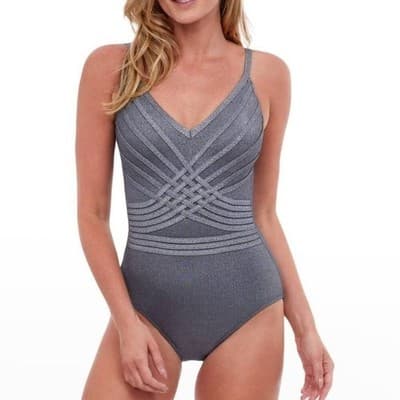 Gray One Piece Swimsuit V Neck Woven Detail Elegant Bathing Suit Sz 10 NWT - Image 1