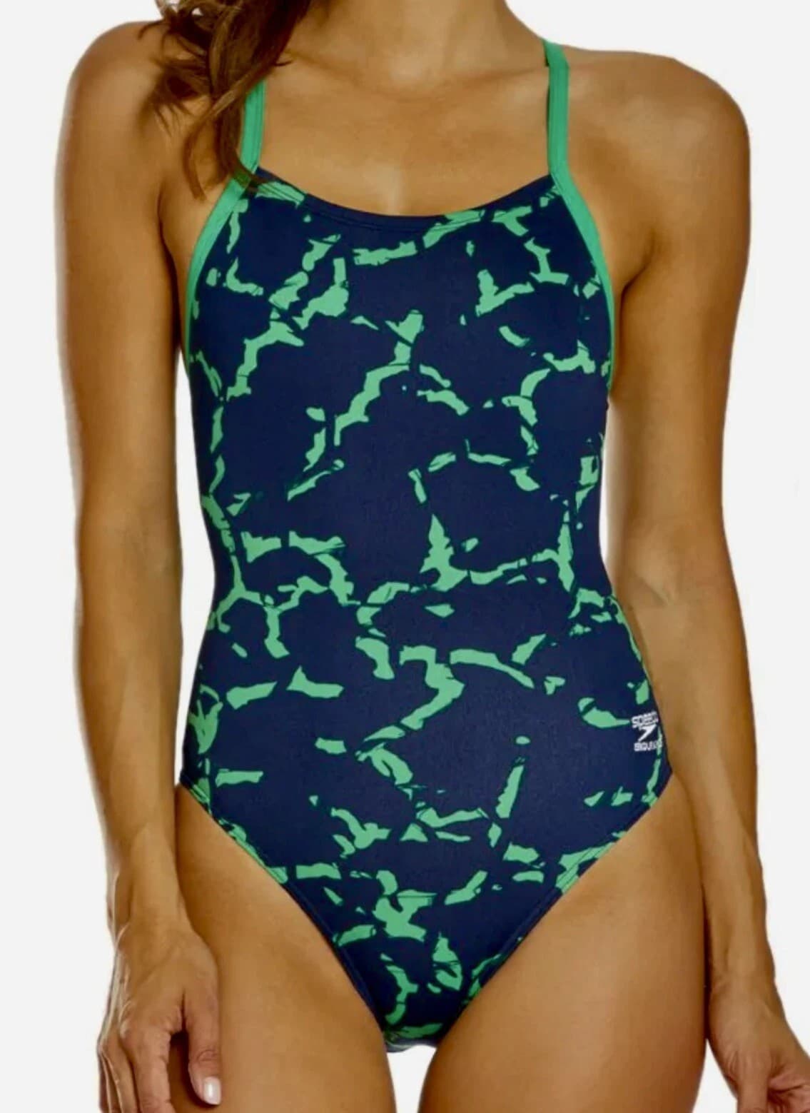 SPEEDO Wrack It Up FlyBack Navy Blue Green Endurance + Swim Suit NWT 26 - Image 1