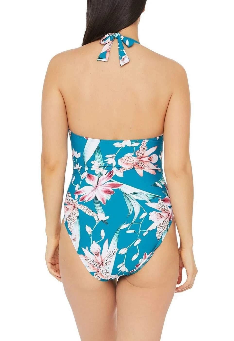 NWT La Blanca Flyaway Orchid Plunge Keyhole Halter 1-Piece Swimsuit, Teal, Sz 0 - Thumbnail 2