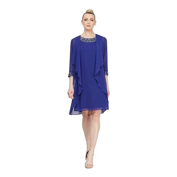 $70 SLNY Women Blue Beaded Embellished Scoop-Neck Sleeveless Sheath Dress Size 8 - Image 1