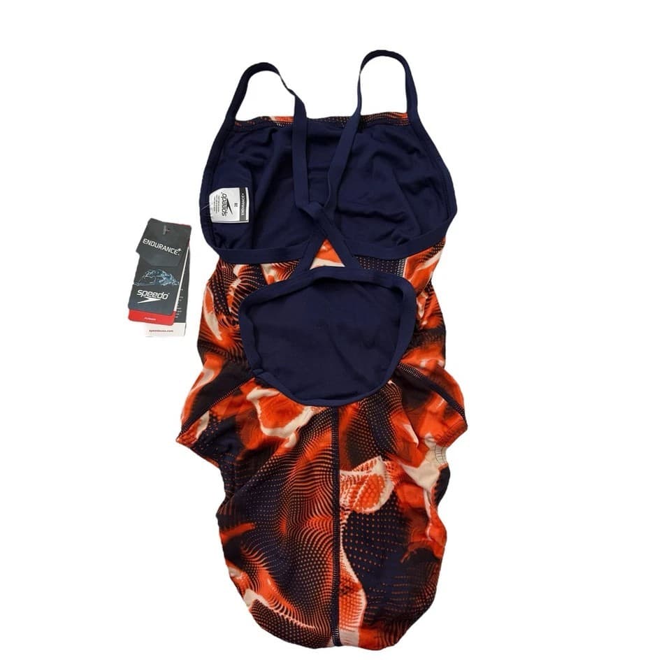 Speedo Endurance+ Flash Time Flyback Swimsuit Women 22 Orange Navy Swim Club NWT - Thumbnail 6