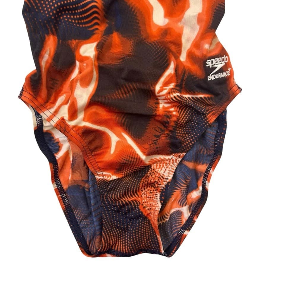 Speedo Endurance+ Flash Time Flyback Swimsuit Women 22 Orange Navy Swim Club NWT - Thumbnail 2