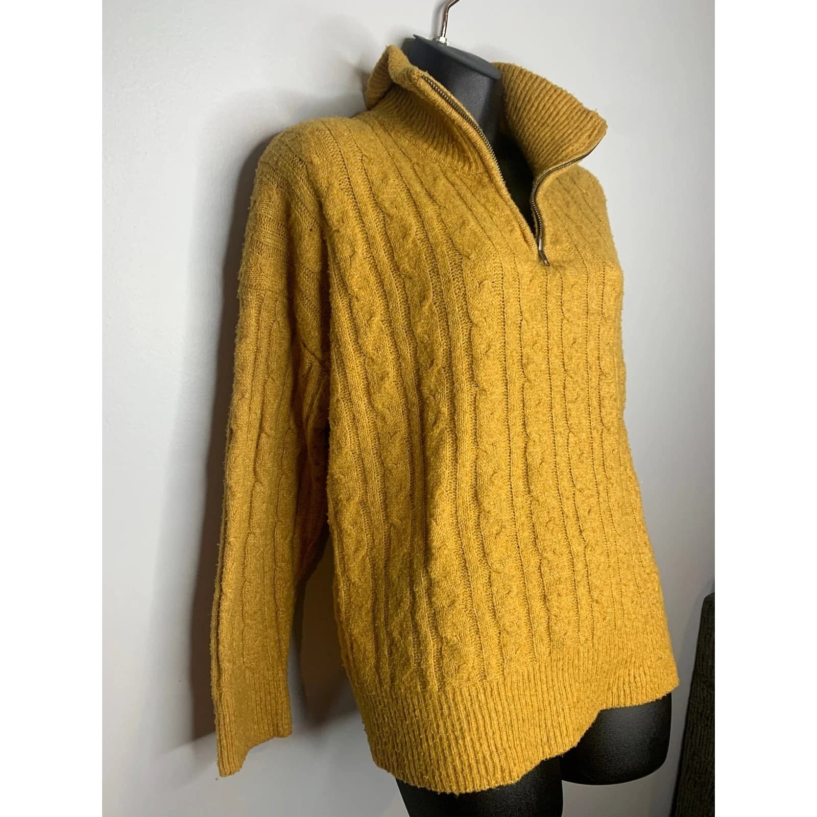 Olive + Oak Women's Mock Neck 3/4 Zip Cable knit Mustard Sweater XL - Thumbnail 3