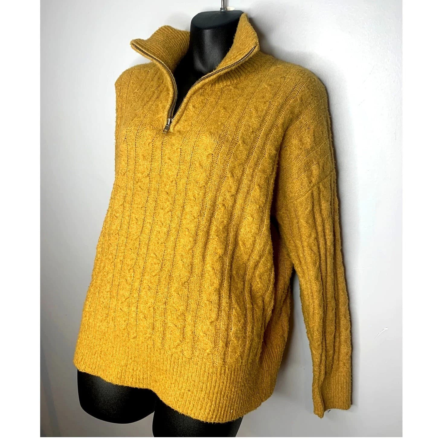 Olive + Oak Women's Mock Neck 3/4 Zip Cable knit Mustard Sweater XL - Thumbnail 2