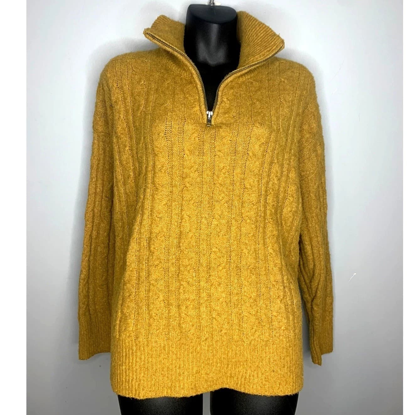 Olive + Oak Women's Mock Neck 3/4 Zip Cable knit Mustard Sweater XL - Image 1