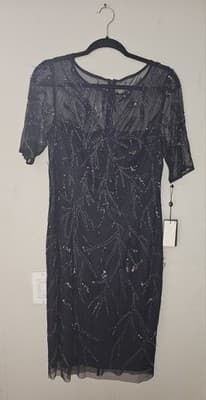 ADRIANNA PAPELL BEADED COCKTAIL DRESS, MIDNIGHT SZ 12 Small Defects In Beading - Thumbnail 7