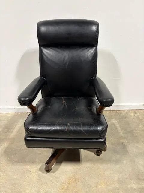 Black Leather Office Chair With Brass Nailheads On Wheels - Image 1