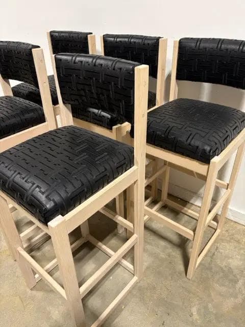 Set Of 5 Wooden Barstools With Black Greek Key Seats - Thumbnail 2