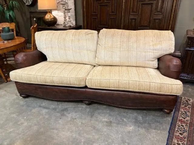 Leather Sofa With Gold Down Cushions - Image 1