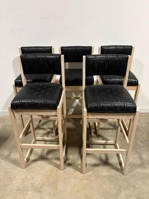 Set Of 5 Wooden Barstools With Black Greek Key Seats - Image 1