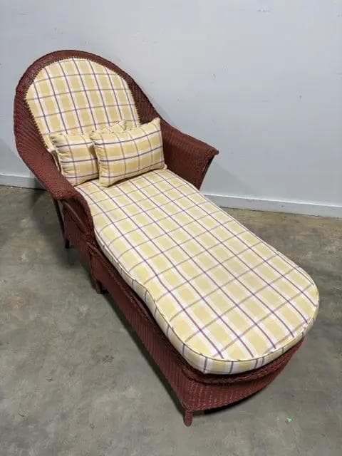 Wicker Chaise Lounger With Yellow Plaid Cushions AS IS - Image 1