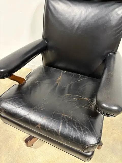 Black Leather Office Chair With Brass Nailheads On Wheels - Thumbnail 2