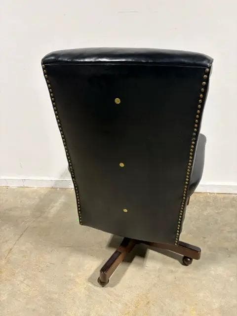 Black Leather Office Chair With Brass Nailheads On Wheels - Thumbnail 3