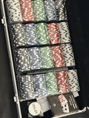 Poker Chip Set Multicolor with Aluminum Case, Dealer Button, Playing Cards - Thumbnail 2