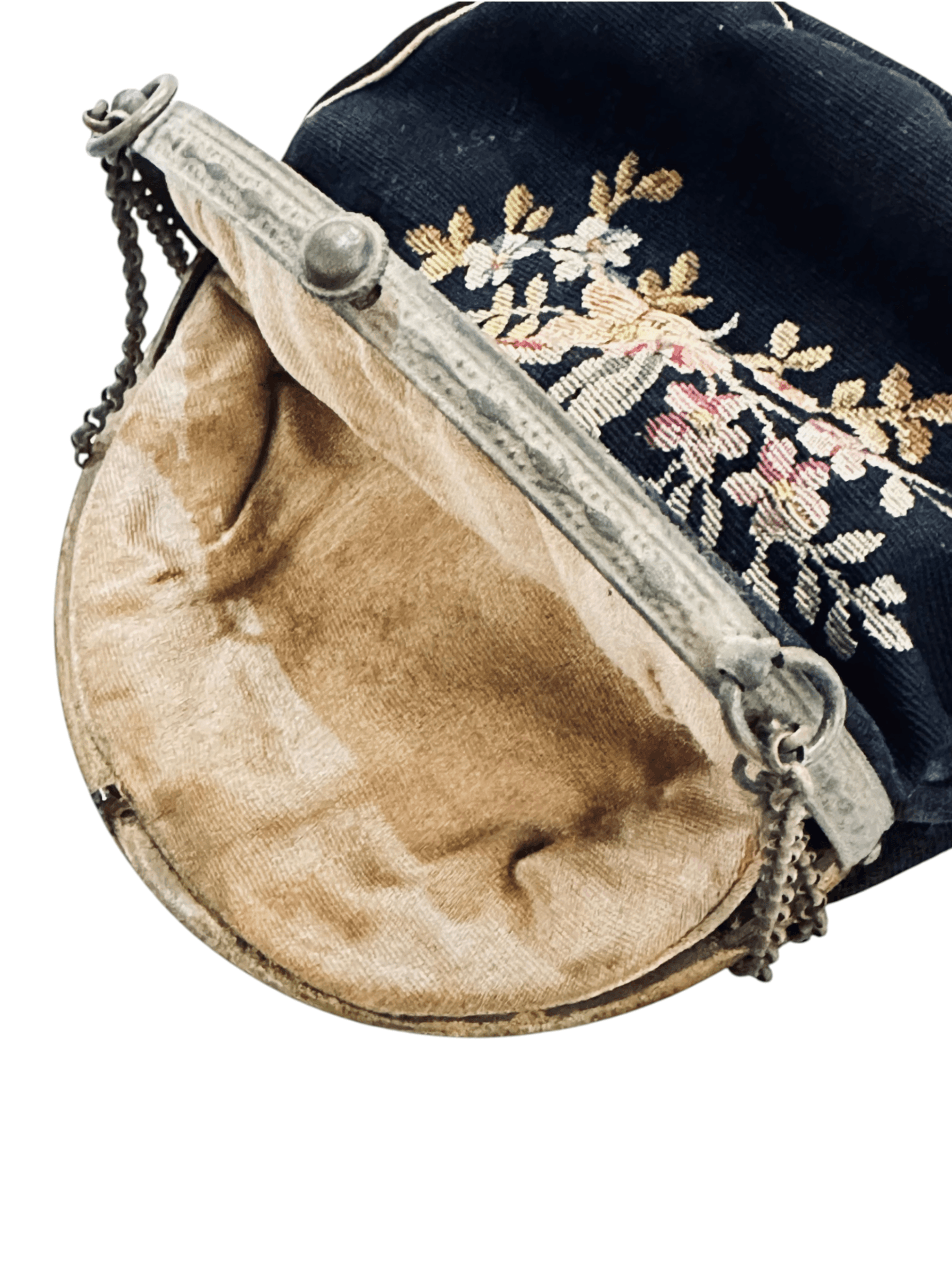 Antique 1920s Point de Beauvais floral embroidered evening bag with a chain strap - Thumbnail 2
