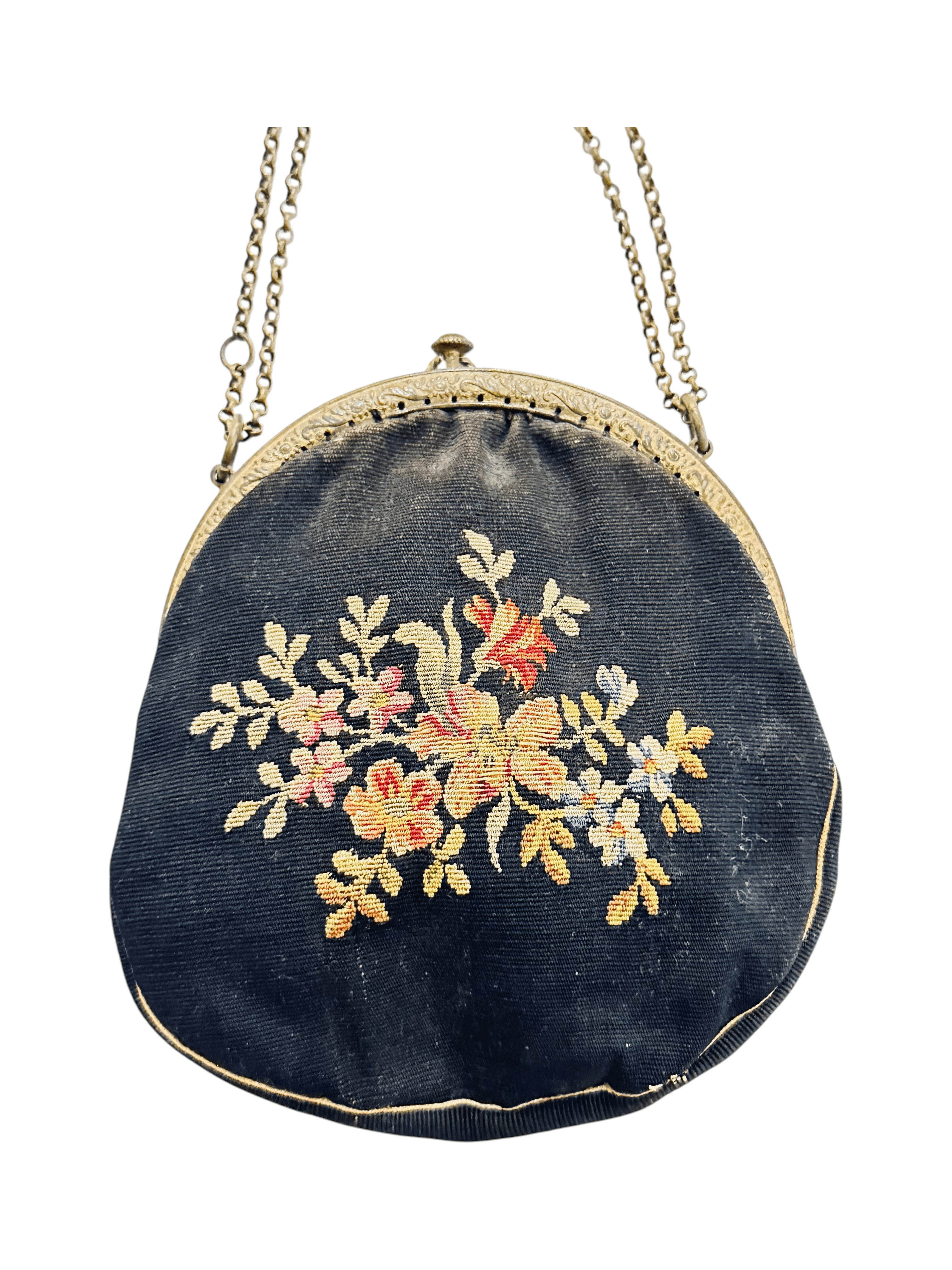 Antique 1920s Point de Beauvais floral embroidered evening bag with a chain strap - Thumbnail 4