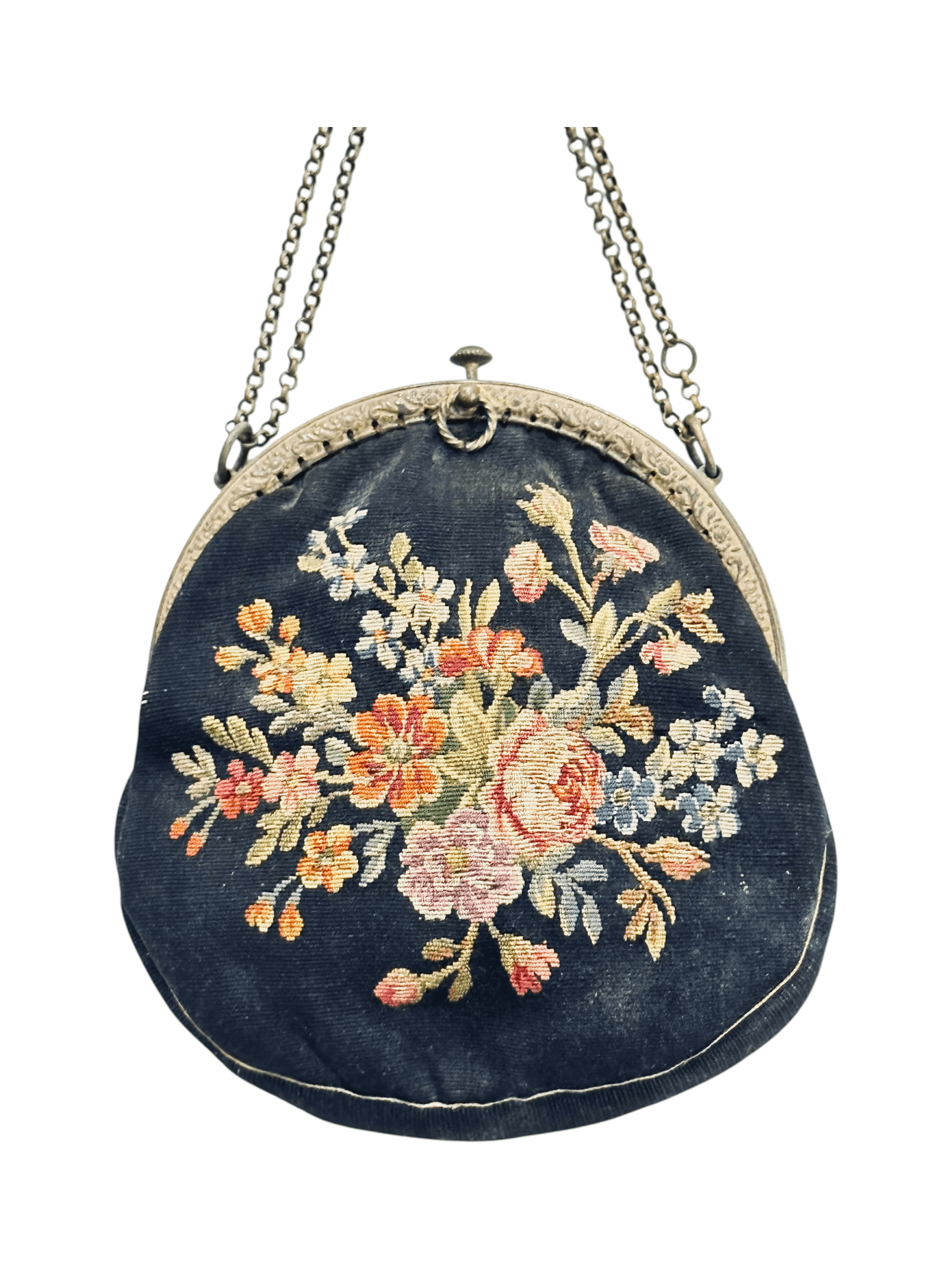 Antique 1920s Point de Beauvais floral embroidered evening bag with a chain strap - Thumbnail 6