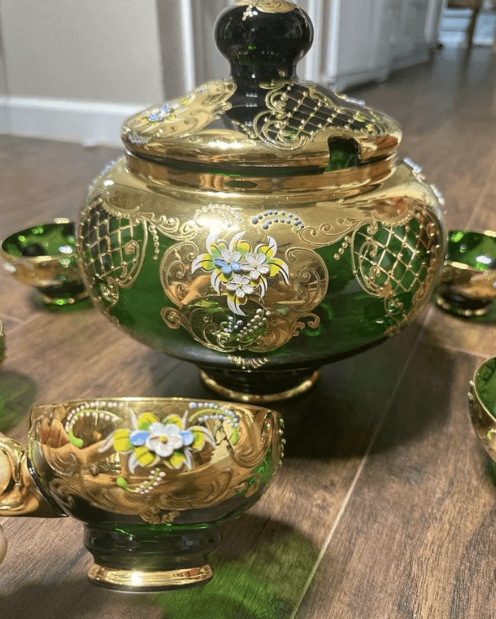 Handcrafted Gold-Plated Floral Wine Bowl with 6 Cups Set - Thumbnail 5