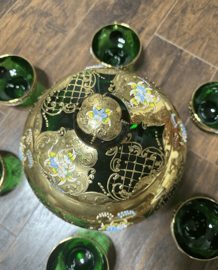 Handcrafted Gold-Plated Floral Wine Bowl with 6 Cups Set