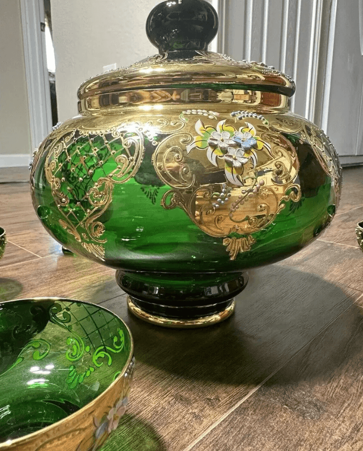 Handcrafted Gold-Plated Floral Wine Bowl with 6 Cups Set - Thumbnail 4