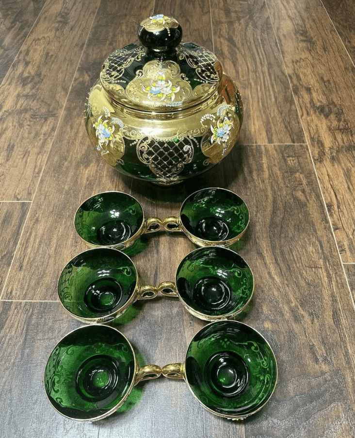Handcrafted Gold-Plated Floral Wine Bowl with 6 Cups Set - Thumbnail 2