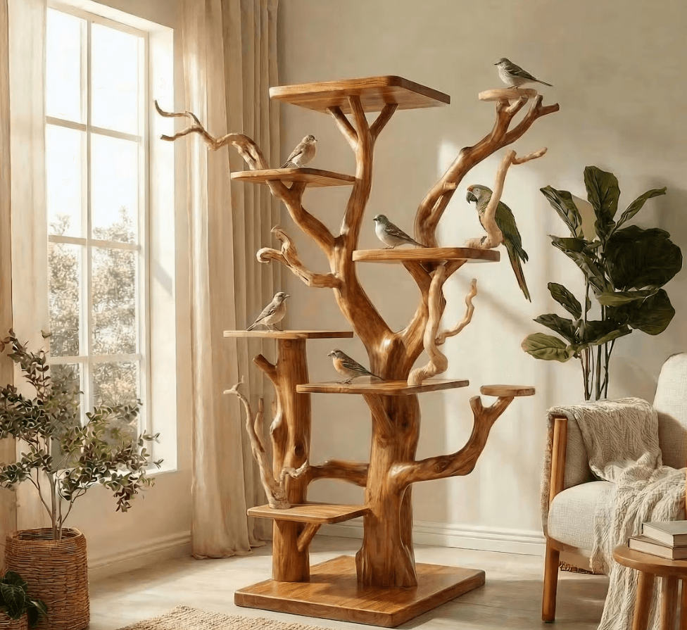 Rustic Parrot Stand Wooden Bird Perch Toy For Parrots Handmade Furniture Bird Lover Gift - Thumbnail 2