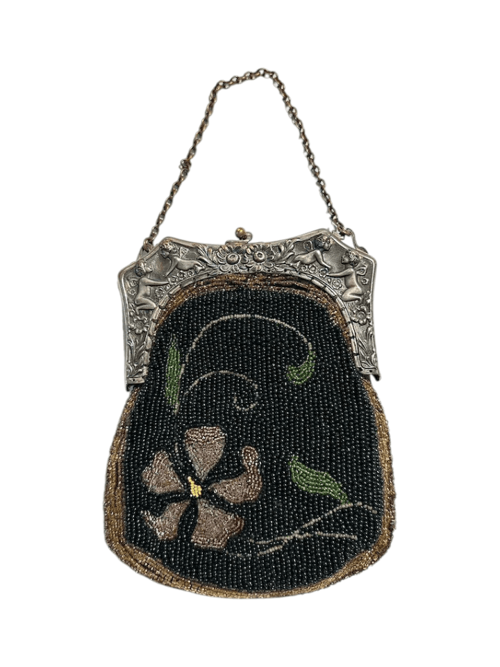 Antique Hand Beaded Art Deco 1920s Evening Bag with Floral Design with Intricately Detailed Frame and Chain - Thumbnail 2