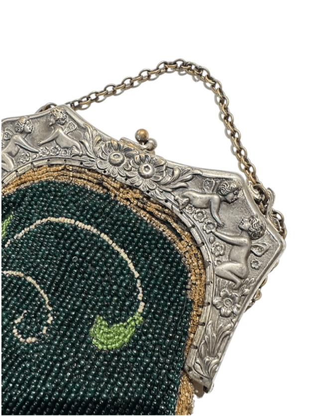 Antique Hand Beaded Art Deco 1920s Evening Bag with Floral Design with Intricately Detailed Frame and Chain - Thumbnail 3