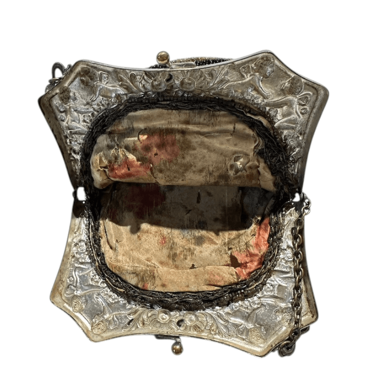Antique Hand Beaded Art Deco 1920s Evening Bag with Floral Design with Intricately Detailed Frame and Chain - Thumbnail 4