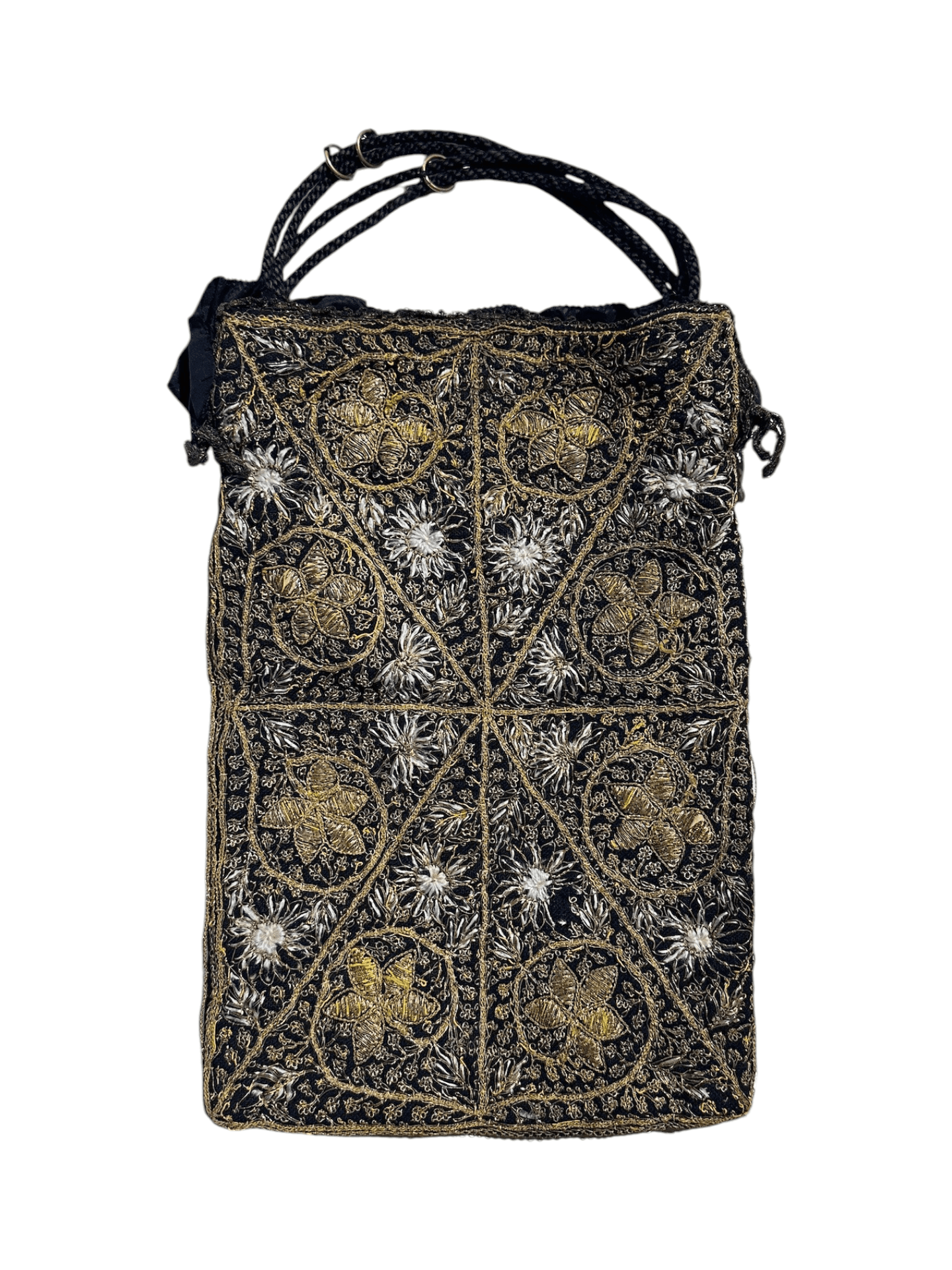 Antique 1920s Zardozi Embroidered Evening Purse Featuring Silver and Gold Thread - Image 1