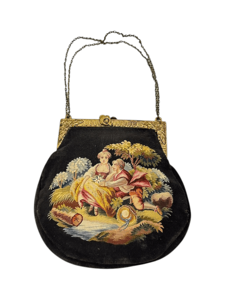 Antique 1920s French Petit Point Evening Bag with Chain Strap and Original Mirror Case - Image 1