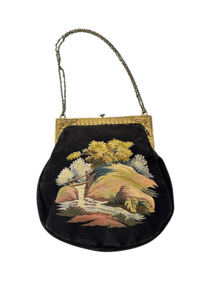 Antique 1920s French Petit Point Evening Bag with Chain Strap and Original Mirror Case - Thumbnail 2