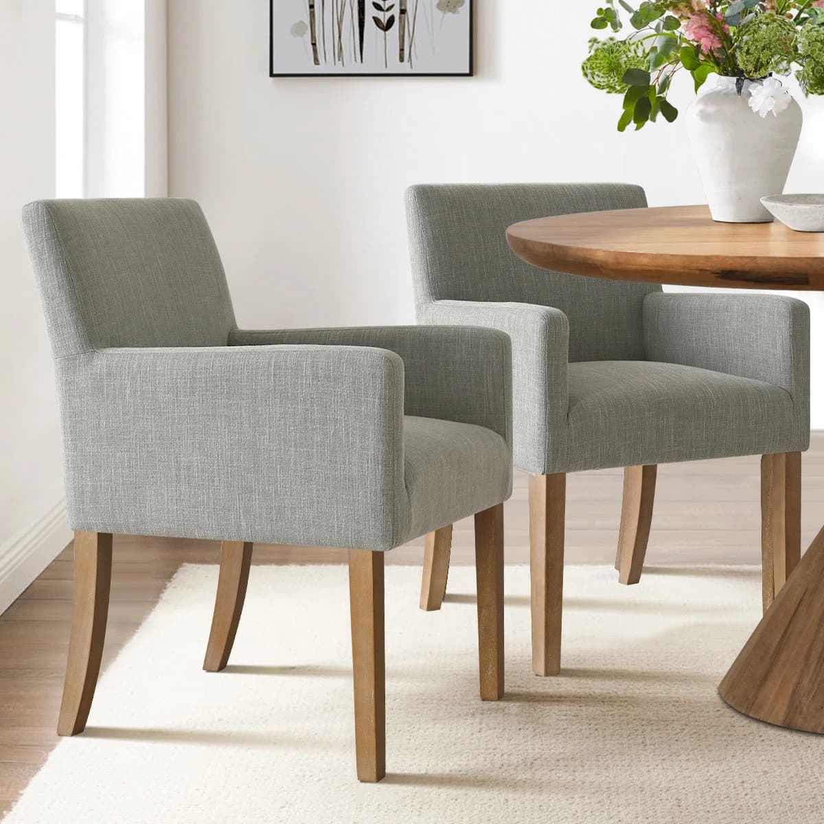20.5" Seat Height Linen Upholstered Solid Wood Dining Armchair (Set of 2) - Thumbnail 3