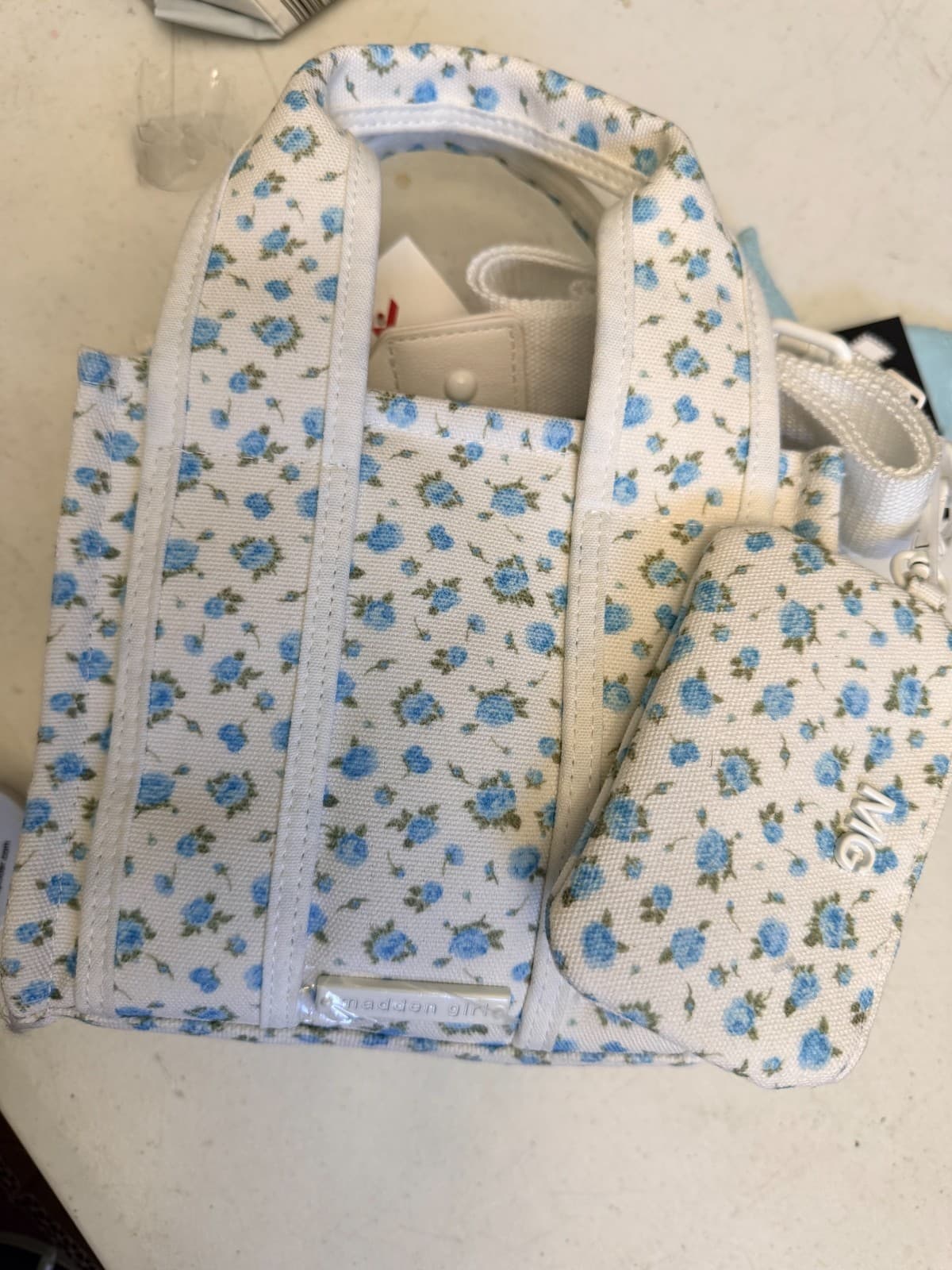Madden Girl - Steven Madden Blue Floral with Bow Mini Tote - Tiktok Viral - Thumbnail 9