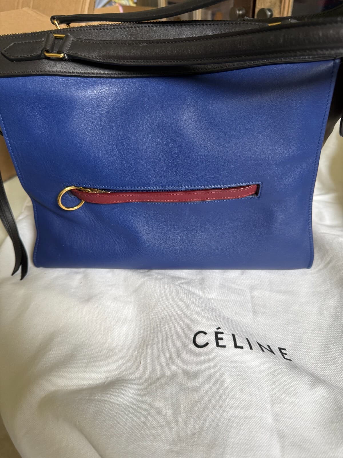 100% Authentic CELINE Bag The Ring Calfskin Tricolor Navy Brown Olive $2550 +tax - Thumbnail 2