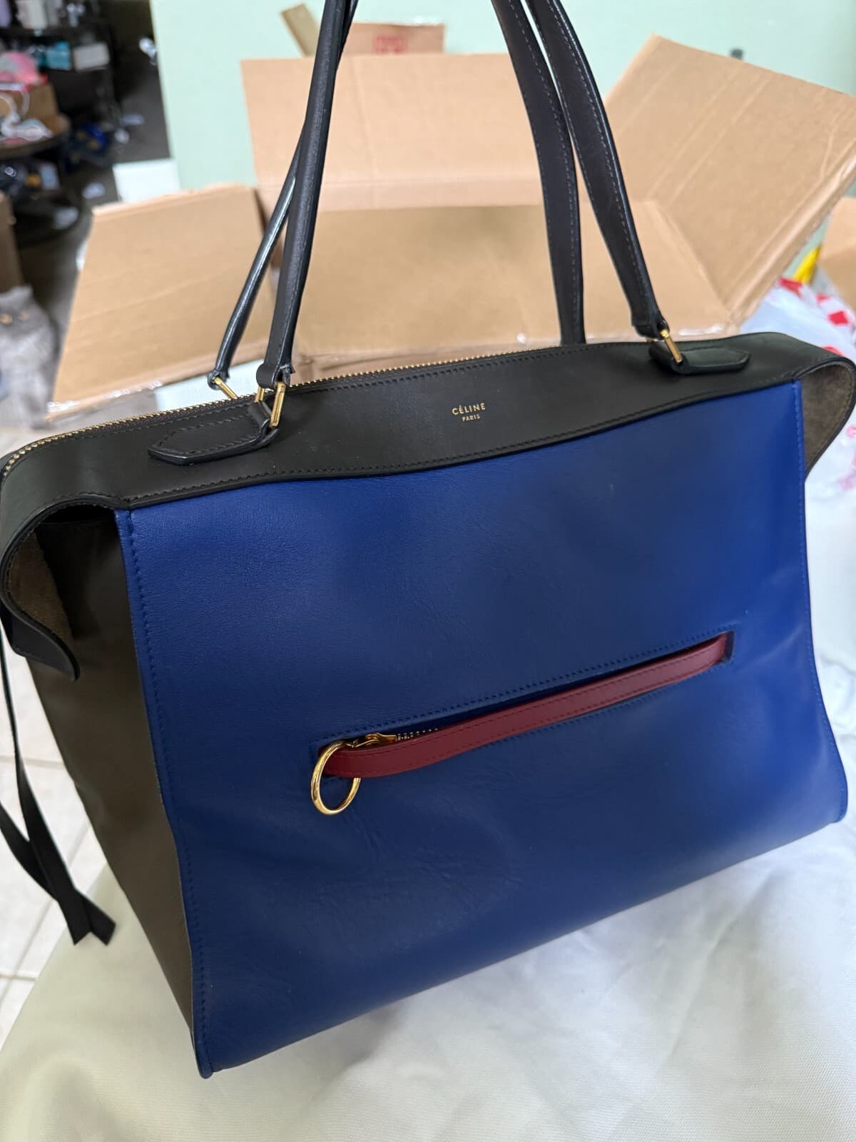 100% Authentic CELINE Bag The Ring Calfskin Tricolor Navy Brown Olive $2550 +tax