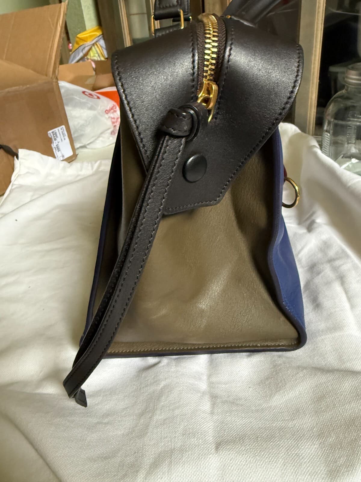 100% Authentic CELINE Bag The Ring Calfskin Tricolor Navy Brown Olive $2550 +tax - Thumbnail 3