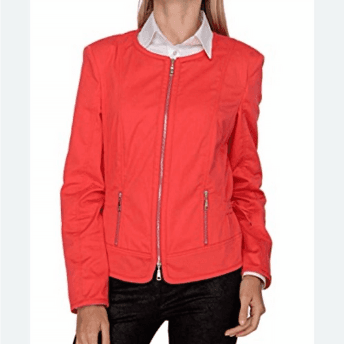 BASLER coral light weather moto jacket w zipper accents tie waist detail. Sz M - Image 1